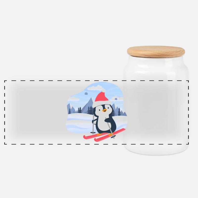 Kleiner Pinguin fährt Ski - Panorama Keksdose mit Holzdeckel - Weiß