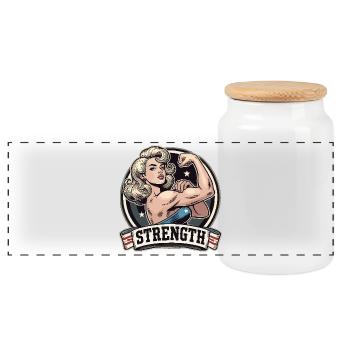 Strength Strong Woman Stretches Arm Blonde Gift - Panoramic Cookie Jar with Wooden Lid - white - Front