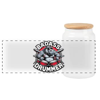 Badass Drummer Hippo Cool Gift - Panoramic Cookie Jar with Wooden Lid - white - Front