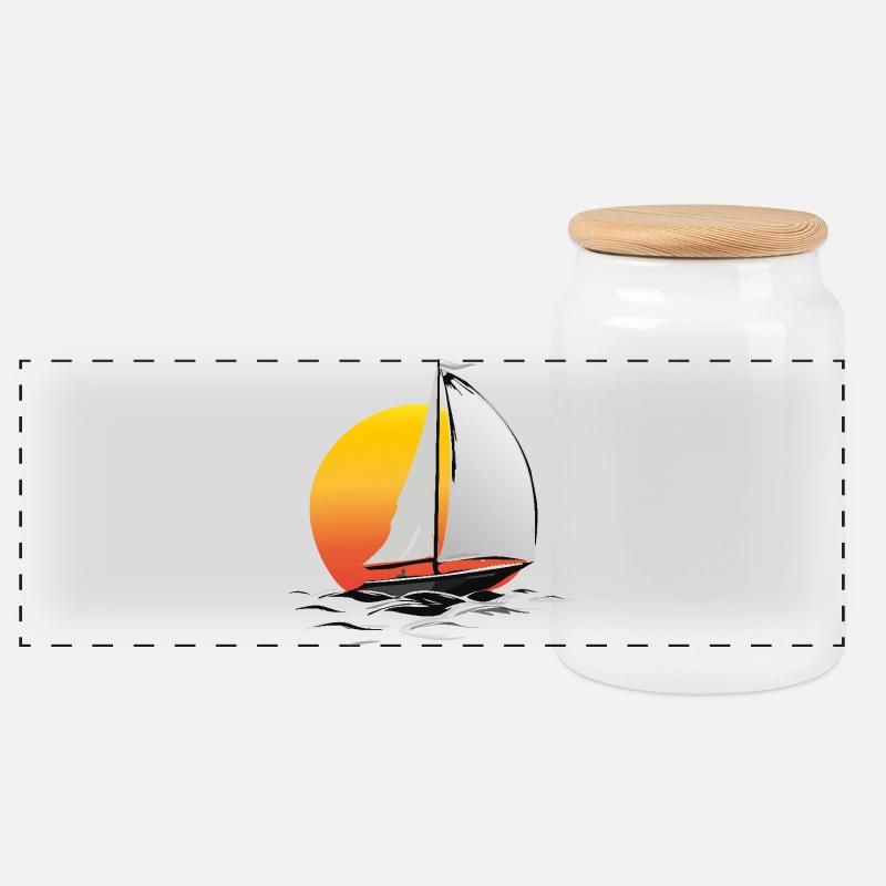Segler mit Sonne - Panorama Keksdose mit Holzdeckel - Weiß