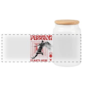 Passion Starts Here – Fußball im Retro-Futurismus - Panorama Keksdose mit Holzdeckel - Weiß - Vorne
