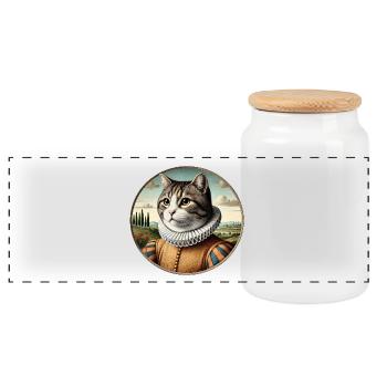 Grau getigerter Kater in einem Renaissancekostüm - Panorama Keksdose mit Holzdeckel - Weiß - Vorne