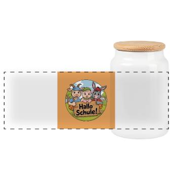 Einschulung Hallo Schule mit lustigen Tieren - Panorama Keksdose mit Holzdeckel - Weiß - Vorne