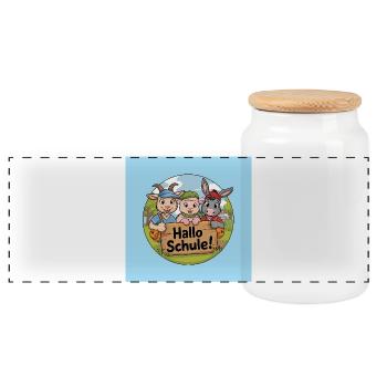 Einschulung Hallo Schule mit lustigen Tieren - Panorama Keksdose mit Holzdeckel - Weiß - Vorne