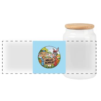 Einschulung Hallo Schule mit lustigen Tieren - Panorama Keksdose mit Holzdeckel - Weiß - Vorne
