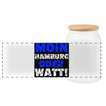 Hamburg , Moin oder watt (25) - Panorama Keksdose mit Holzdeckel - Weiß - Vorne