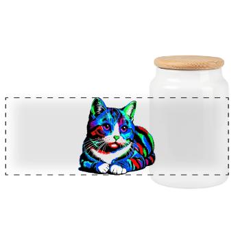 Cat - Panoramic Cookie Jar with Wooden Lid - white - Front