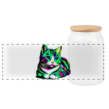 Cat - Panoramic Cookie Jar with Wooden Lid - white - Front