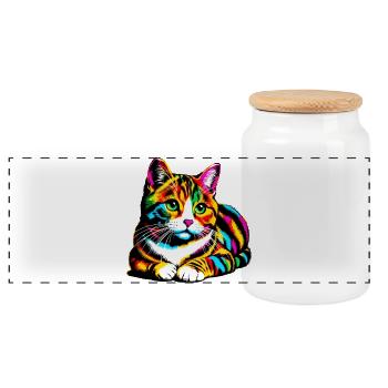 Cat - Panoramic Cookie Jar with Wooden Lid - white - Front