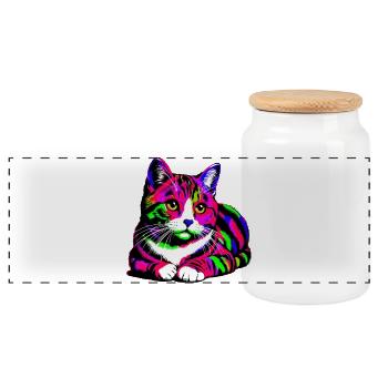 Cat - Panoramic Cookie Jar with Wooden Lid - white - Front