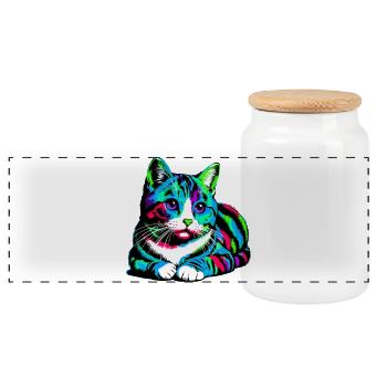 Cat - Panoramic Cookie Jar with Wooden Lid - white - Front