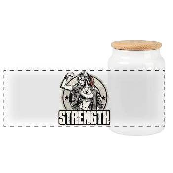 Force femme forte étire le bras sur le cadeau - Boîte à biscuits avec couvercle en bois - blanc - Devant