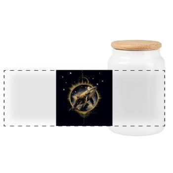 Cosmic elegance, the golden and black whale - Panoramic Cookie Jar with Wooden Lid - white - Front