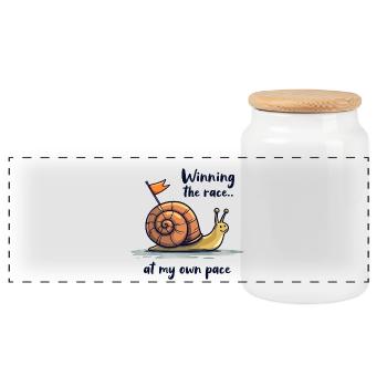 Snail with flag "Winning the race" - Panoramic Cookie Jar with Wooden Lid - white - Front
