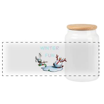 Winterspaß: Hase und Schneemann - Panorama Keksdose mit Holzdeckel - Weiß - Vorne