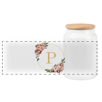 P Monogram, Couronne de fleurs, Personnalisable - Boîte à biscuits avec couvercle en bois - blanc - Devant