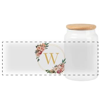 W Monogramm, Blumen-Kranz, personalisierbar - Panorama Keksdose mit Holzdeckel - Weiß - Vorne