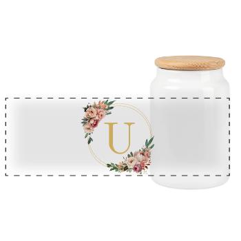 U Monogram, Couronne de fleurs, Personnalisable - Boîte à biscuits avec couvercle en bois - blanc - Devant