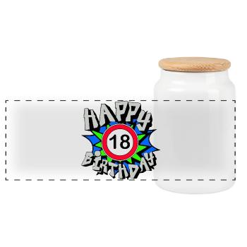 18th Birthday , Happy 18 Birthday Gift (25) - Panoramic Cookie Jar with Wooden Lid - white - Front