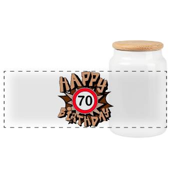 70th Birthday , Happy 70th Birthday Gift (25) - Panoramic Cookie Jar with Wooden Lid - white - Front