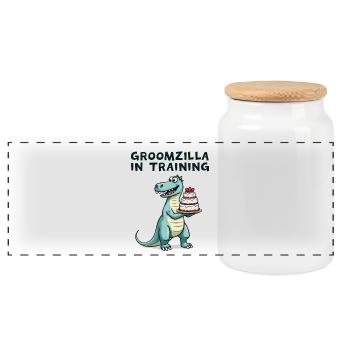 Groomzilla in Training - Panoramic Cookie Jar with Wooden Lid - white - Front