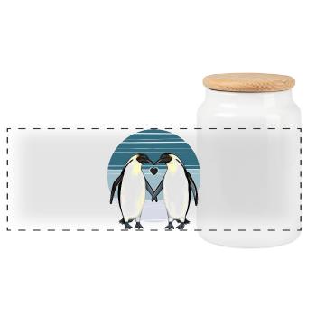 Valentines Day - Penguin Love with Heart - Panoramic Cookie Jar with Wooden Lid - white - Front