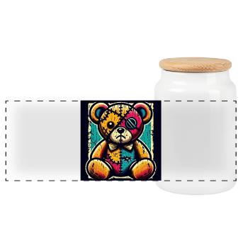 Patchwork bear art with vintage charm - Panoramic Cookie Jar with Wooden Lid - white - Front