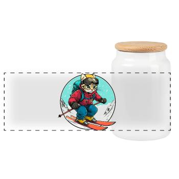 Cats Skiers / Skiers Cat - Panoramic Cookie Jar with Wooden Lid - white - Front