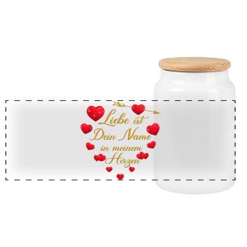 Romantisches Herz-Design - Liebe ist dein Name - Panorama Keksdose mit Holzdeckel - Weiß - Vorne