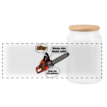 Chainsaw , Firewood , Old School , Fireplace , (25) - Panoramic Cookie Jar with Wooden Lid - white - Front