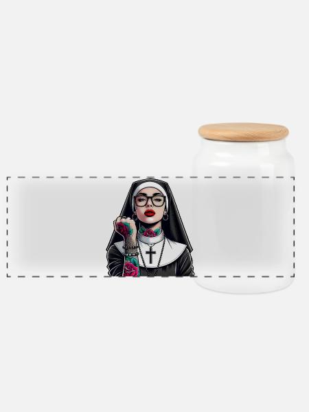 Nonne mit Tattoo - Panorama Keksdose mit Holzdeckel - Weiß