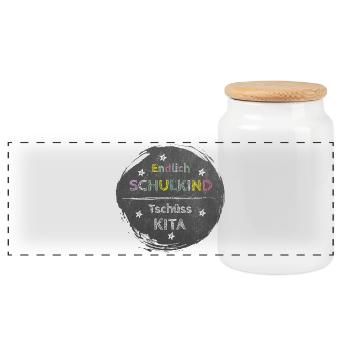 Finally a schoolchild - goodbye daycare | Chalkboard Design - Panoramic Cookie Jar with Wooden Lid - white - Front