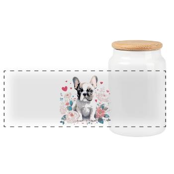 Charmanter French Bulldog mit Blumenarrangement - Panorama Keksdose mit Holzdeckel - Weiß - Vorne