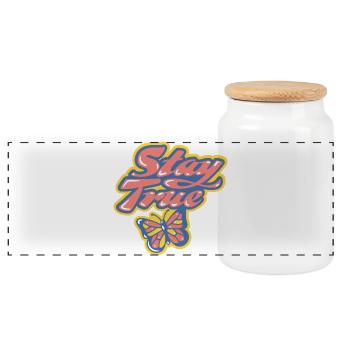Stay True – Buntes Retro-Design - Panorama Keksdose mit Holzdeckel - Weiß - Vorne