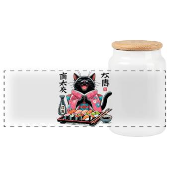 Sushi Katze Kimono Maki Nigiri Geschenk - Panorama Keksdose mit Holzdeckel - Weiß - Vorne