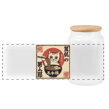 Cat and Ramen (Japan-Style) - Panoramic Cookie Jar with Wooden Lid - white - Front