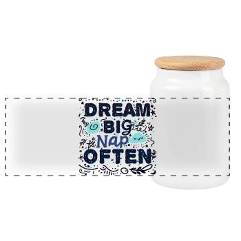 Cadeau humour Rêver grand, faire souvent la sieste - Boîte à biscuits avec couvercle en bois - blanc - Devant