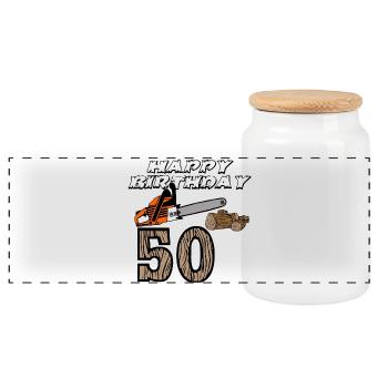 50e anniversaire , tronçonneuse . Tronçonneuse, Bois (25 - Boîte à biscuits avec couvercle en bois - blanc - Devant