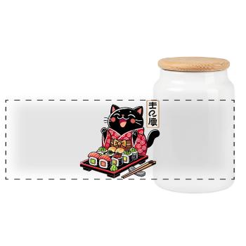 Sushi Schwarze Katze Kimono Maki Nigiri Geschenk - Panorama Keksdose mit Holzdeckel - Weiß - Vorne