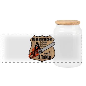 Chainsaw , Firewood , Old School , 2 strokes (25) - Panoramic Cookie Jar with Wooden Lid - white - Front