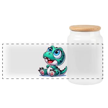 Dinobaby Babydino T Rex 4 Design - Panorama Keksdose mit Holzdeckel - Weiß - Vorne