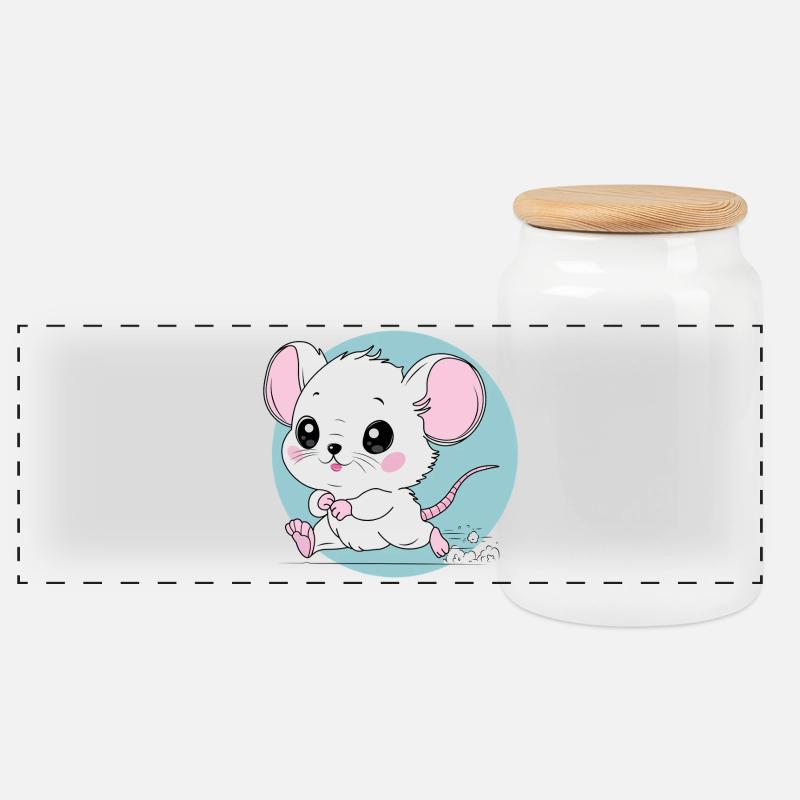 Funny Cartoon Running Mouse Art - Cheese Lover - Panoramic Cookie Jar with Wooden Lid - white