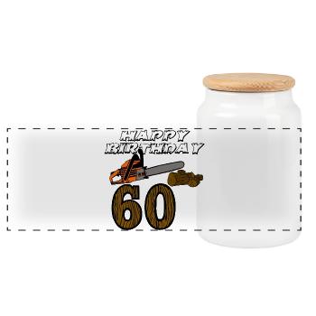 60. Geburtstag , Motorsäge Holz (25) - Panorama Keksdose mit Holzdeckel - Weiß - Vorne