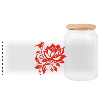 The Red Lotus and the Bird - Panoramic Cookie Jar with Wooden Lid - white - Front