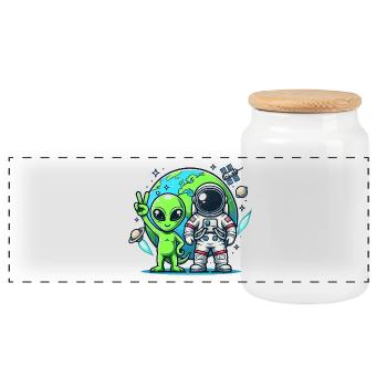 Alien astronauts in space - Panoramic Cookie Jar with Wooden Lid - white - Front