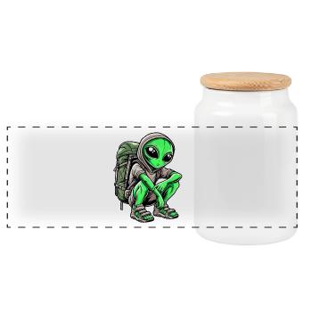 Alien Backpacker Design - Panoramic Cookie Jar with Wooden Lid - white - Front