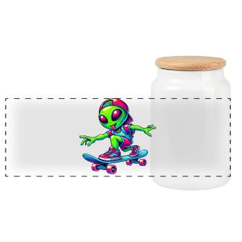Skater Alien Design - Panoramic Cookie Jar with Wooden Lid - white - Front