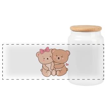 Hugging Baby Teddy Bears - Panoramic Cookie Jar with Wooden Lid - white - Front