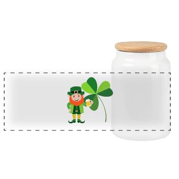 Leprechaun smiling in front of an Irish shamrock - Panoramic Cookie Jar with Wooden Lid - white - Front