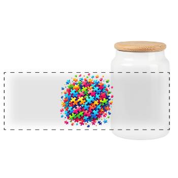 Buntes Puzzle-Motiv auf globalem Ball - Panorama Keksdose mit Holzdeckel - Weiß - Vorne